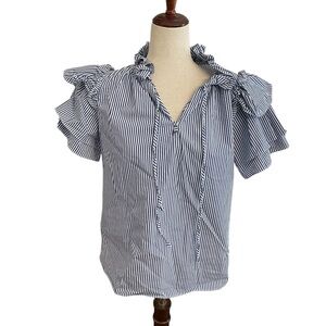 PATTY KIM St. Martin Top Striped Blue Ruffles